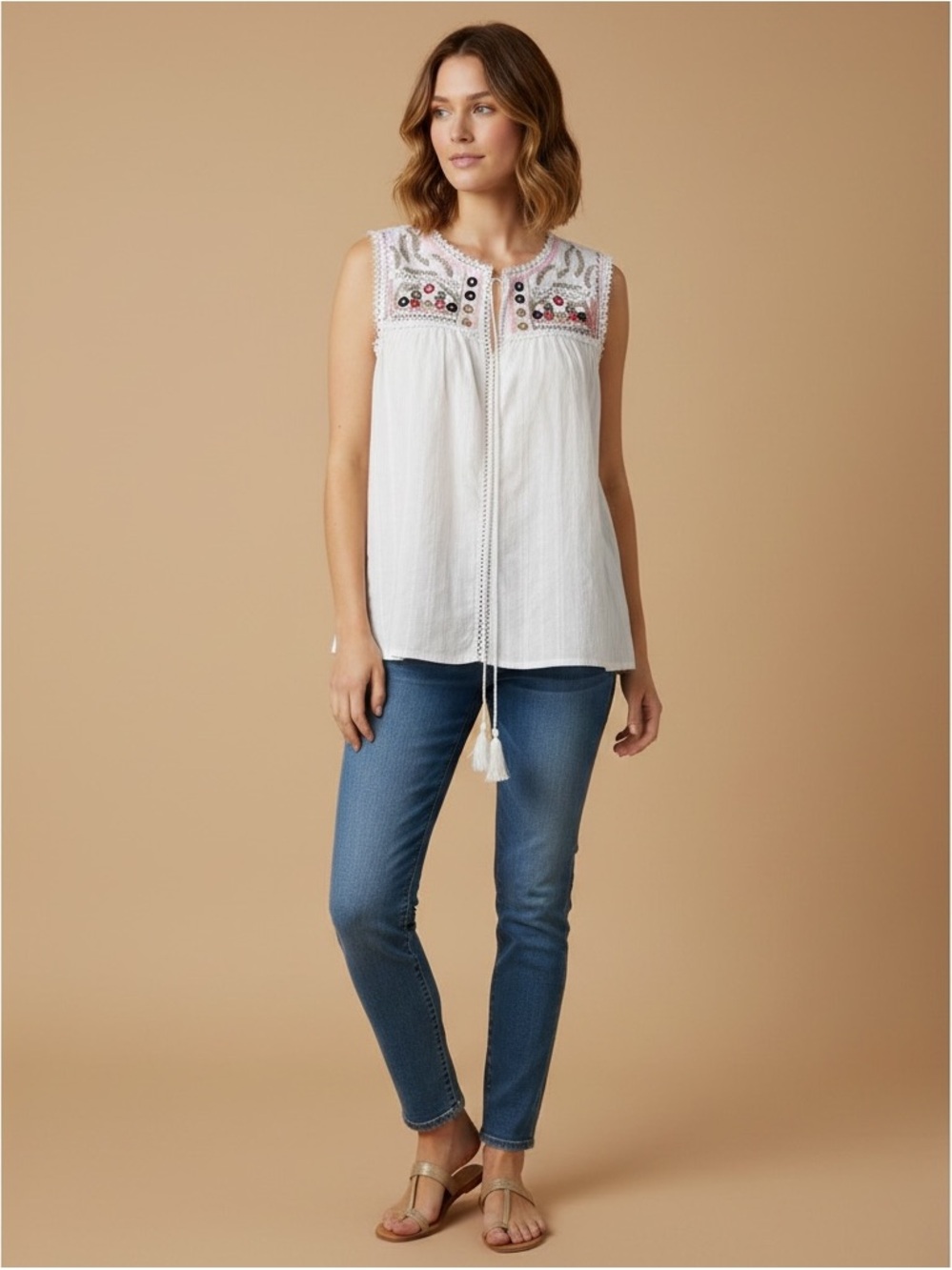 Main Strip White Embroidered Tassel sleeveless top